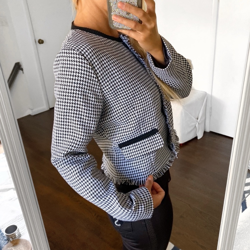 🖤 VOYELLES BLACK & WHITE CHECKERED FRINGE FALL BLAZER JACKET! - Picture 3 of 11